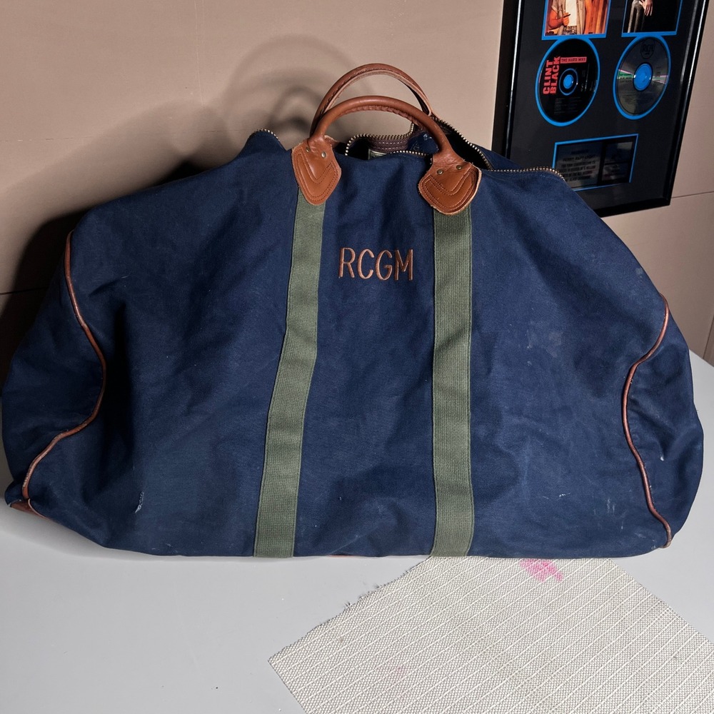 Vintage LL Bean Canvas Leather Duffle Bag Navy Blue Travel Weekend Bag RCGM